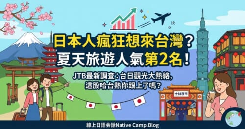 日本人連夏季也瘋台灣！圖面倒爿有富士山代表日本，正爿有台北101、珍奶佮小籠包代表台灣。中央寫著「日本人瘋狂想來台灣？夏天旅遊人氣第2名！」的宣傳標語。