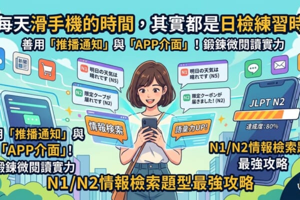 一個戴耳機、搭捷運咧滑手機的台灣女學生。伊的手機仔四週圍浮現好多閃爍的日語推播通知佮APP圖示，親像「明日の天気（N5）」、「限定クーポン（N2）」等等。圖面上方寫著宣傳標語「你每天滑手機的時間，其實都是日檢練習時間」、「善用『推播通知』與『APP介面』！鍛鍊微閱讀實力」佮「N1/N2情報檢索題型最強攻略」