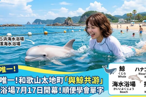 和歌山太地町「與鯨共游」海水浴場活動的部落格封面圖，畫面呈現夏日湛藍的海水與可愛的鯨魚，並帶有實用旅遊日語單字學習的主題標題。