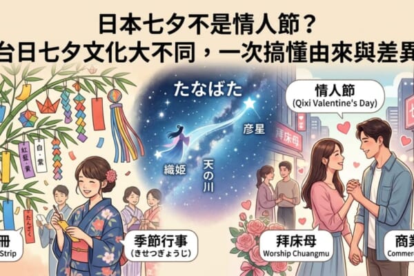 探討台灣七夕情人節與日本七夕竹葉短冊祈願文化差異的部落格文章封面圖，並帶有實用的日語單字教學。