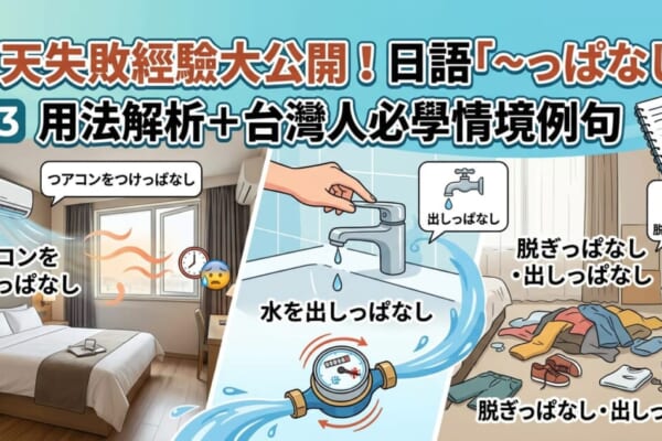 日語N3文法「〜っぱなし」教學部落格封面圖，以忘記關冷氣、水龍頭等日本旅遊常見失敗經驗為主題。