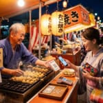 呈現日本夏祭（夏日祭典）熱鬧氣氛的意象圖。畫面中包含傳統屋台（攤販）、燈籠，以及遊客使用手機進行QR碼行動支付和準備日圓現金的場景。適合用於介紹日本祭典攤販無現金化現況，以及購物時實用日語會話的部落格文章。