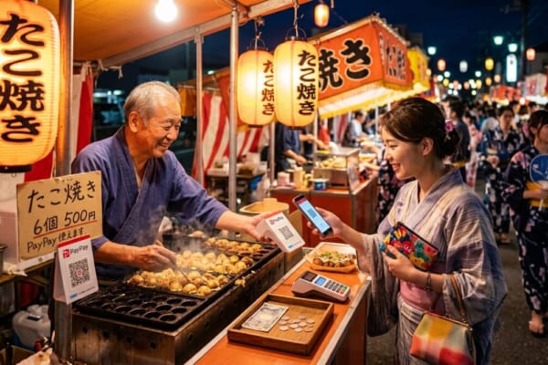 呈現日本夏祭（夏日祭典）熱鬧氣氛的意象圖。畫面中包含傳統屋台（攤販）、燈籠，以及遊客使用手機進行QR碼行動支付和準備日圓現金的場景。適合用於介紹日本祭典攤販無現金化現況，以及購物時實用日語會話的部落格文章。