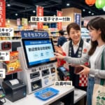 呈現日本超市自助結帳機（セルフレジ）使用情境的意象圖。畫面中包含顧客掃描商品條碼、操作螢幕介面，以及準備付款的場景，並帶有購物相關的日語關鍵字。適合用於教學日本超市自助結帳流程、注意事項及實用日文單字的部落格文章。