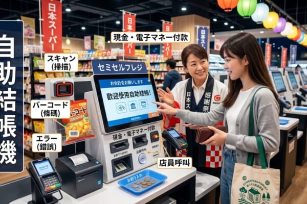 呈現日本超市自助結帳機（セルフレジ）使用情境的意象圖。畫面中包含顧客掃描商品條碼、操作螢幕介面，以及準備付款的場景，並帶有購物相關的日語關鍵字。適合用於教學日本超市自助結帳流程、注意事項及實用日文單字的部落格文章。
