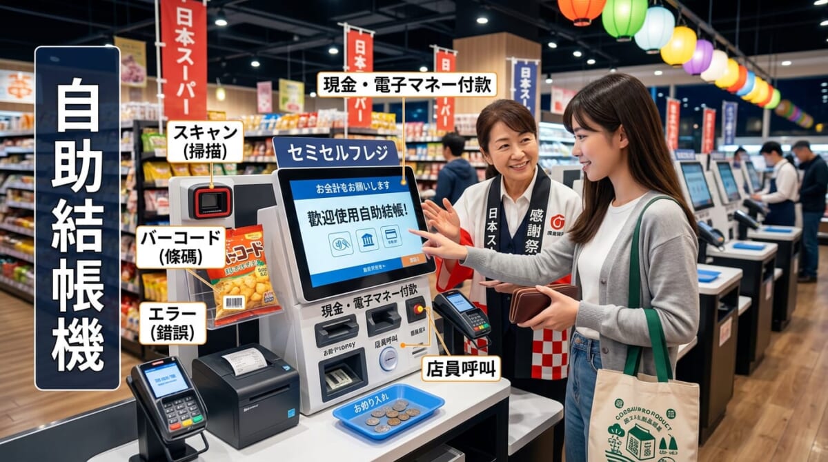 呈現日本超市自助結帳機（セルフレジ）使用情境的意象圖。畫面中包含顧客掃描商品條碼、操作螢幕介面，以及準備付款的場景，並帶有購物相關的日語關鍵字。適合用於教學日本超市自助結帳流程、注意事項及實用日文單字的部落格文章。