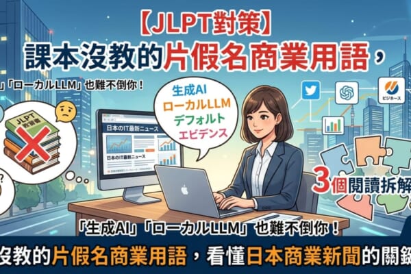 一位正在使用筆記型電腦的台灣女性商務人士，背景融入象徵科技與數據傳輸的藍色與紫色漸層光線。畫面中醒目呈現「生成AI」、「ローカルLLM」、「デフォルト」、「エビデンス」等日語片假名商業詞彙的標籤，並搭配象徵解鎖與拆解技巧的圖示，以及象徵JLPT N1/N2日檢對策的標章，視覺化呈現JLPT教科書沒教的現代IT日語讀解術。