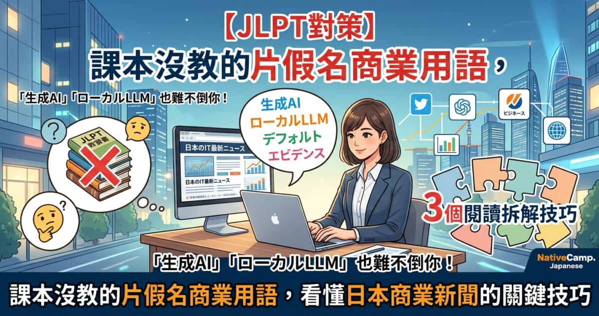 一位正在使用筆記型電腦的台灣女性商務人士，背景融入象徵科技與數據傳輸的藍色與紫色漸層光線。畫面中醒目呈現「生成AI」、「ローカルLLM」、「デフォルト」、「エビデンス」等日語片假名商業詞彙的標籤，並搭配象徵解鎖與拆解技巧的圖示，以及象徵JLPT N1/N2日檢對策的標章，視覺化呈現JLPT教科書沒教的現代IT日語讀解術。