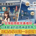 對比台灣與日本超商美食（飯糰、關東煮、炸物）與結帳日語對話情境的動漫風插圖