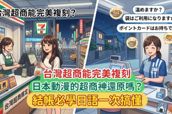 對比台灣與日本超商美食（飯糰、關東煮、炸物）與結帳日語對話情境的動漫風插圖