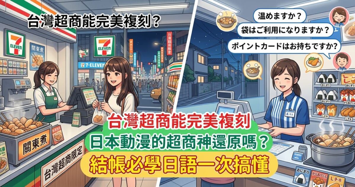 對比台灣與日本超商美食（飯糰、關東煮、炸物）與結帳日語對話情境的動漫風插圖