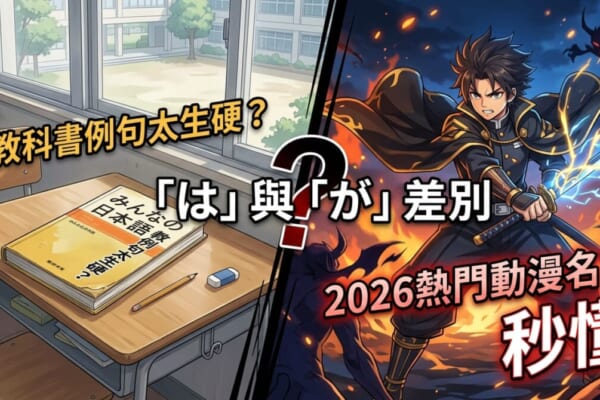 結合動漫特效的日語文法黑板插圖，幫助台灣學習者輕鬆分辨「は」與「が」