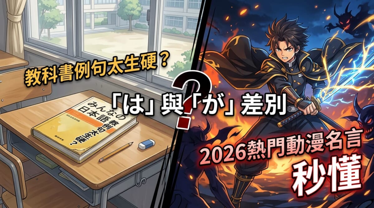 結合動漫特效的日語文法黑板插圖，幫助台灣學習者輕鬆分辨「は」與「が」