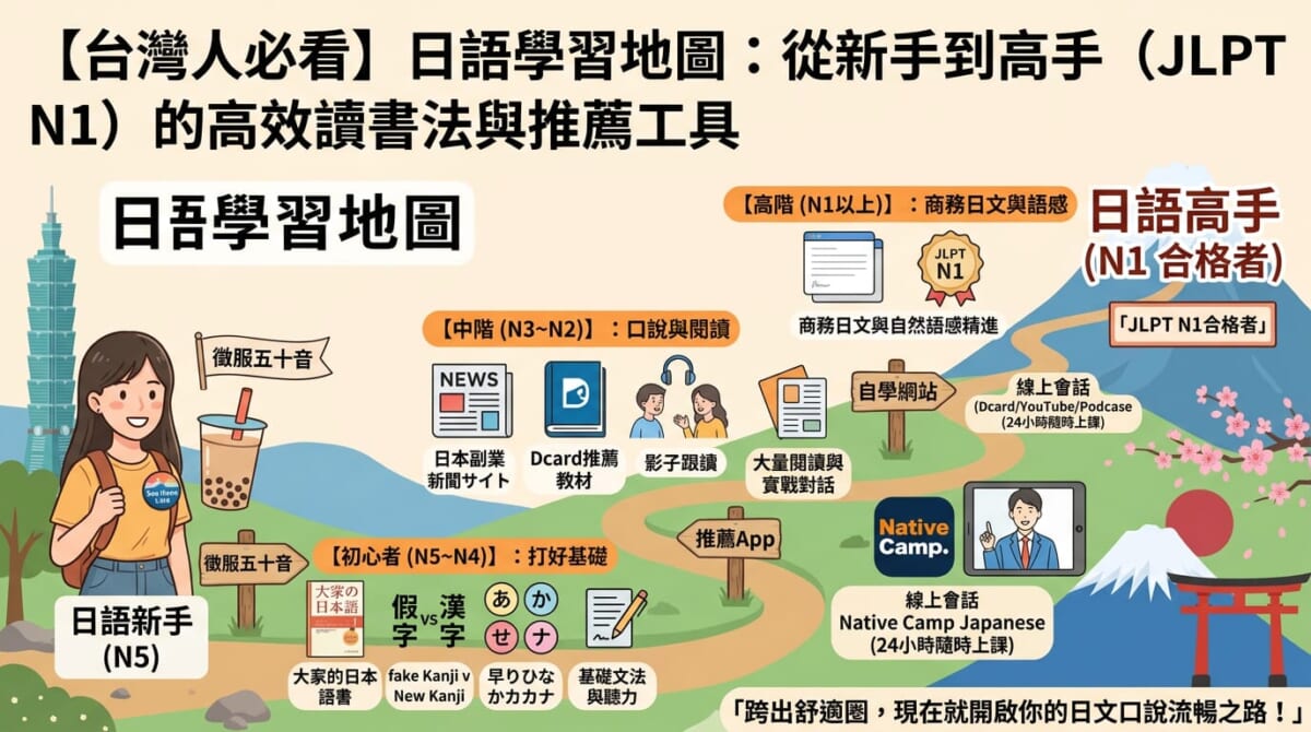 台灣人專屬日語學習地圖：從新手到JLPT N1的高效自學法與線上日語會話推薦