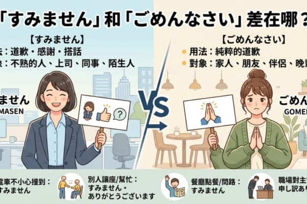 解說「すみません」與「ごめんなさい」差異及用法（道歉、感謝、搭話）的文章主視覺圖
