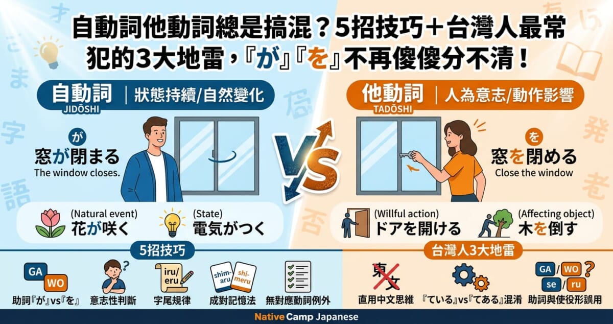 解說日文自動詞與他動詞分辨技巧及常見錯誤的文章主視覺圖