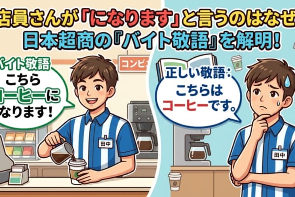 解析日本超商「打工敬語」（バイト敬語）現象的插圖。左側店員說著常見但文法具爭議的「こちらコーヒーになります」，右側店員則拿著教學手冊面露困惑，對比正確敬語「こちらはコーヒーです」。
