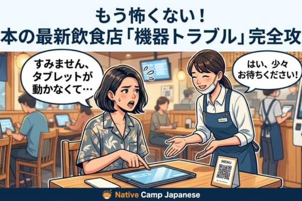 日本餐廳點餐機、自助收銀機、QR code掃描故障時的實用日語求救教學與情境示意圖