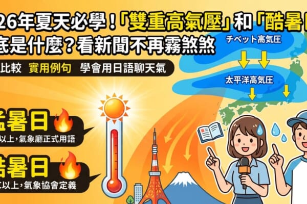 2026年夏季日本天氣部落格文章首圖。左側為標題「2026年夏天必學！『雙重高氣壓』和『酷暑日』到底是什麼？」，右側以圖解展示西藏高氣壓與太平洋高氣壓疊加的「雙重高氣壓」機制。下方附有溫度計插圖，清楚標示「猛暑日（35℃以上）」與「酷暑日（40℃以上）」的差異，並搭配日本氣象主播與台灣遊客的插畫，視覺化呈現台日氣象用語與夏日高溫資訊。