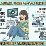 「タイパ（時間效率）」をテーマにした繁体字中國語のブログ記事用アイキャッチ。左側には「從『倍速追劇』看懂現代日本社會的價值觀：追求高『タイパ』（時間效率）！」というタイトルと、タブレットで1.5倍速再生をしながらスマートフォンと本を持つ女性のイラスト。右側には「解析日人狂熱『タイパ』的3個原因」として、「工作型態轉變（働き方改革・效率優先）」、「影音內容爆炸（コンテンツ過多・情報過載）」、「傳統與創新的矛盾（アナログ回帰・反思）」の3つの要因を、それぞれアイコンと簡潔な説明で図解。全体的にパステルカラーを基調とした、現代的で親しみやすいデジタルイラストレーション。