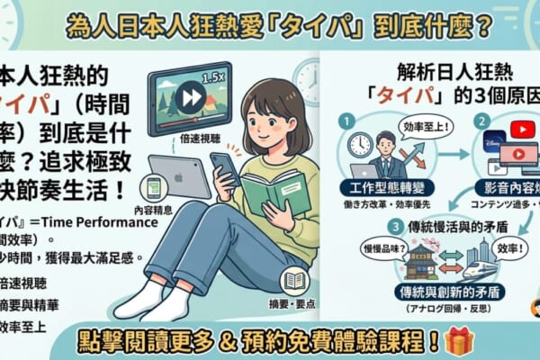 「タイパ（時間效率）」をテーマにした繁体字中國語のブログ記事用アイキャッチ。左側には「從『倍速追劇』看懂現代日本社會的價值觀：追求高『タイパ』（時間效率）！」というタイトルと、タブレットで1.5倍速再生をしながらスマートフォンと本を持つ女性のイラスト。右側には「解析日人狂熱『タイパ』的3個原因」として、「工作型態轉變（働き方改革・效率優先）」、「影音內容爆炸（コンテンツ過多・情報過載）」、「傳統與創新的矛盾（アナログ回帰・反思）」の3つの要因を、それぞれアイコンと簡潔な説明で図解。全体的にパステルカラーを基調とした、現代的で親しみやすいデジタルイラストレーション。