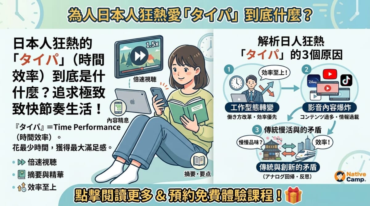 「タイパ（時間效率）」をテーマにした繁体字中國語のブログ記事用アイキャッチ。左側には「從『倍速追劇』看懂現代日本社會的價值觀：追求高『タイパ』（時間效率）！」というタイトルと、タブレットで1.5倍速再生をしながらスマートフォンと本を持つ女性のイラスト。右側には「解析日人狂熱『タイパ』的3個原因」として、「工作型態轉變（働き方改革・效率優先）」、「影音內容爆炸（コンテンツ過多・情報過載）」、「傳統與創新的矛盾（アナログ回帰・反思）」の3つの要因を、それぞれアイコンと簡潔な説明で図解。全体的にパステルカラーを基調とした、現代的で親しみやすいデジタルイラストレーション。