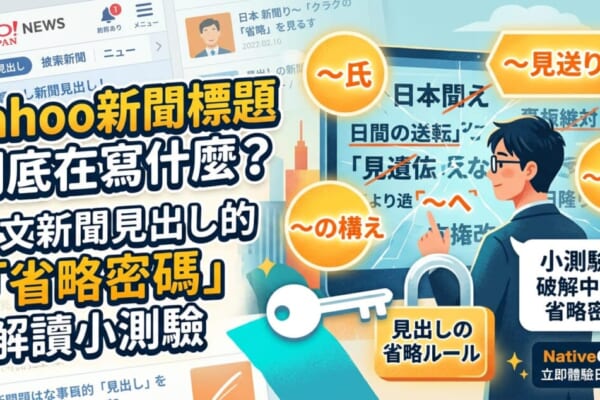 日文新聞標題解讀部落格文章首圖。圖中一名讀者正看著手機上的日本新聞標題露出疑惑的表情，旁邊有放大鏡將「〜氏」、「見送り」、「〜の構え」等日文新聞常見的「省略密碼」解碼，象徵破解日文新聞標題的閱讀技巧。畫面設計帶有解謎與學習的活潑氛圍。