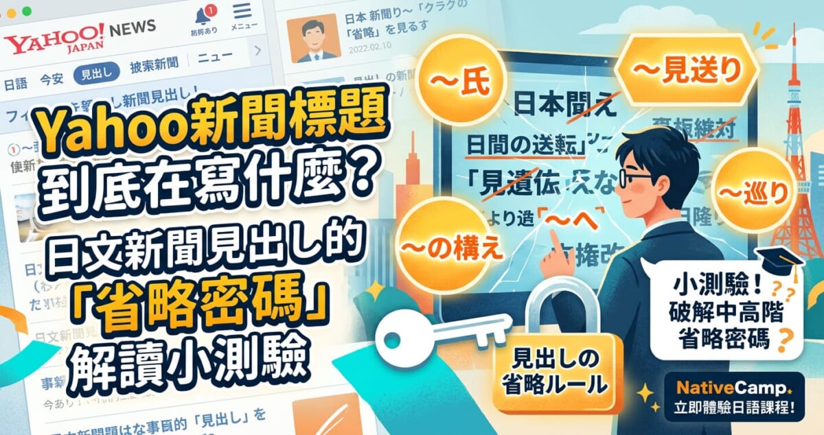 日文新聞標題解讀部落格文章首圖。圖中一名讀者正看著手機上的日本新聞標題露出疑惑的表情，旁邊有放大鏡將「〜氏」、「見送り」、「〜の構え」等日文新聞常見的「省略密碼」解碼，象徵破解日文新聞標題的閱讀技巧。畫面設計帶有解謎與學習的活潑氛圍。