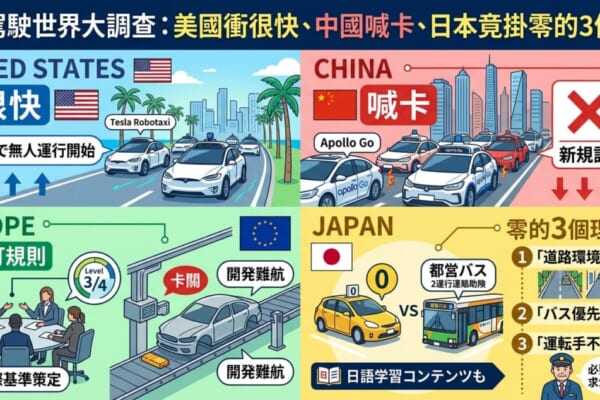 自動駕駛世界大調查，比較美國、中國、歐洲與日本的無人計程車與自駕巴士發展現況。