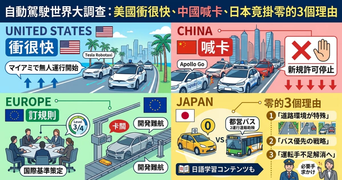自動駕駛世界大調查，比較美國、中國、歐洲與日本的無人計程車與自駕巴士發展現況。