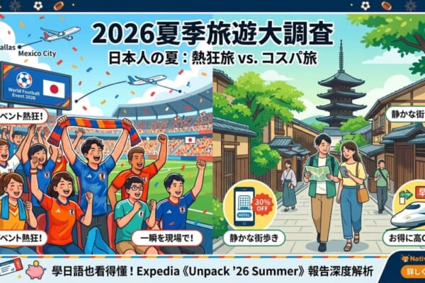 2026夏季旅遊趨勢：比較為賽事狂熱的「熱狂旅」與避開人潮的「高CP值省錢旅」兩種日本旅遊現象。