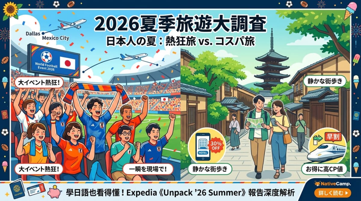2026夏季旅遊趨勢：比較為賽事狂熱的「熱狂旅」與避開人潮的「高CP值省錢旅」兩種日本旅遊現象。