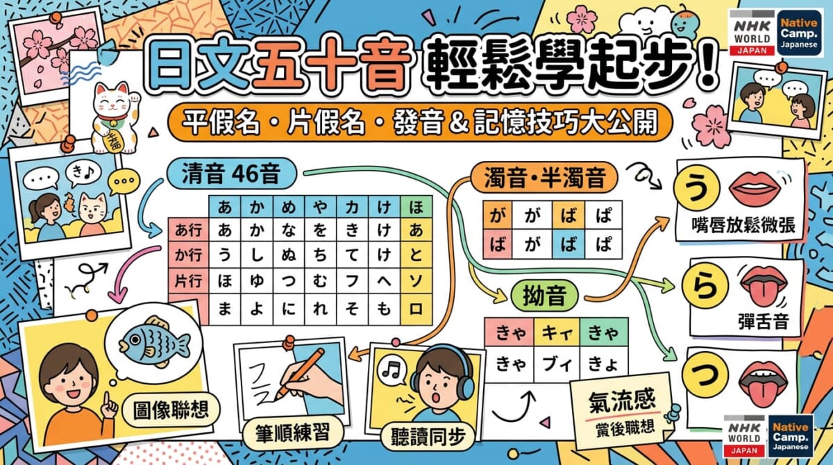 日文五十音（平假名與片假名）基礎與發音技巧教學文章的普普風拼貼視覺首圖