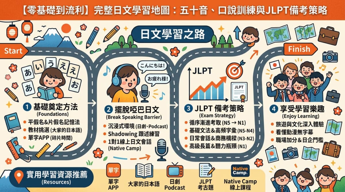 日文學習該怎麼開始？從零基礎五十音到JLPT，自學路徑、教材推薦與高效口說訓練法一次搞懂