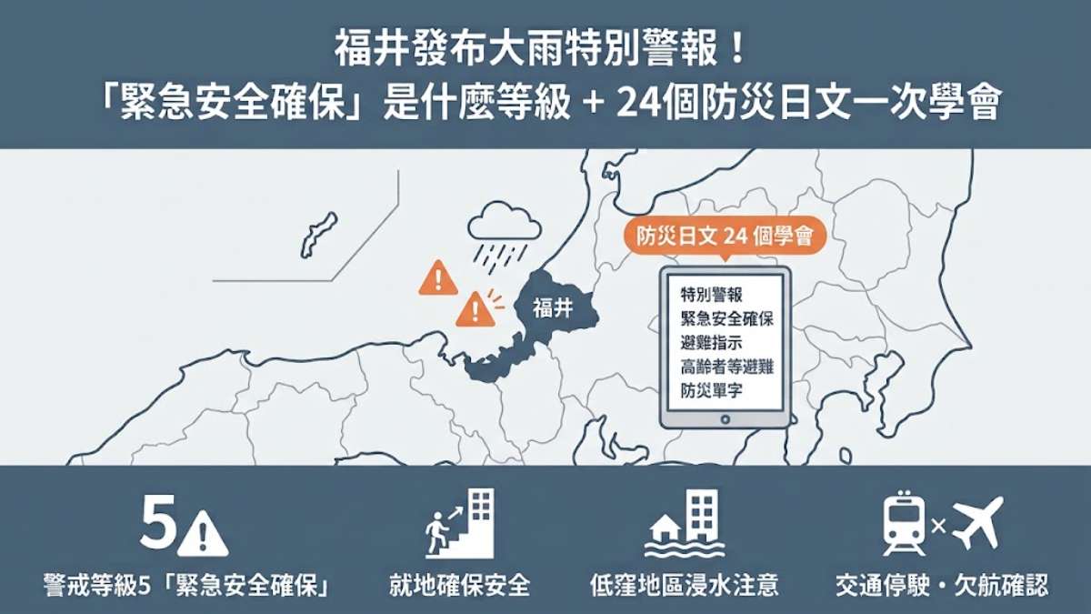 福井發布大雨特別警報!「緊急安全確保」是什麼等級+24個防災日文一次學會 福井發布大雨特別警報!「緊急安全確保」是什麼等級+24個防災日文一次學會