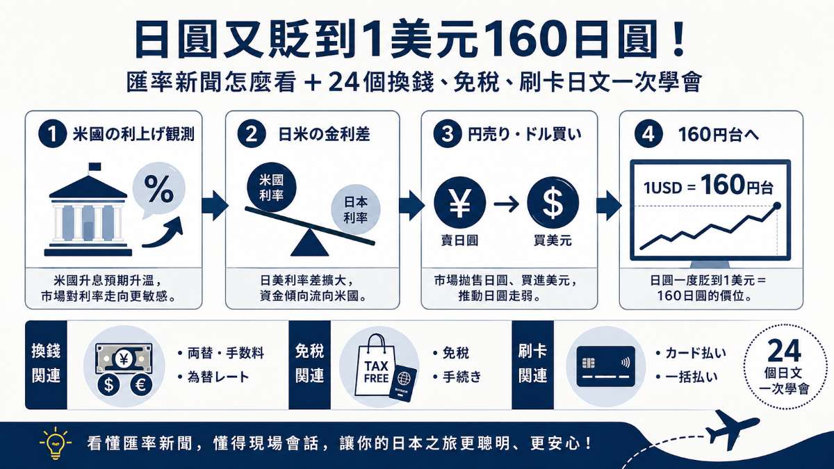 日圓又貶到1美元160日圓!匯率新聞怎麼看+24個換錢、免稅、刷卡日文一次學會 日圓又貶到1美元160日圓!匯率新聞怎麼看+24個換錢、免稅、刷卡日文一次學會