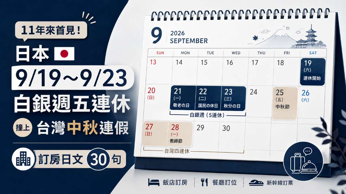 11年來首見！日本9/19～9/23白銀週五連休撞上台灣中秋連假，訂房日文30句