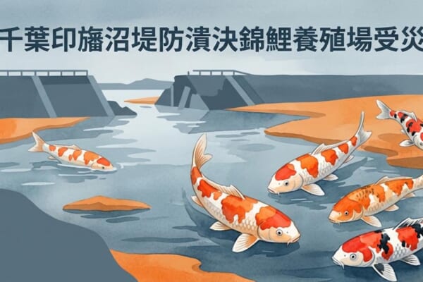 千葉印旛沼堤防潰決錦鯉養殖場受災插畫示意圖