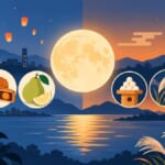 台灣中秋節與日本賞月文化比較插畫，左右分割構圖與滿月，藍色與橘色配色