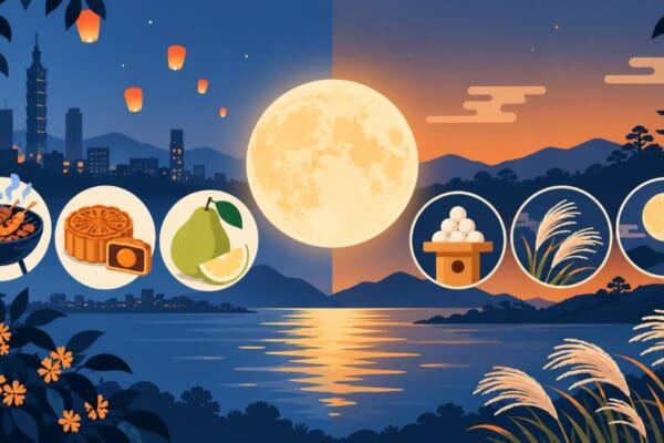 台灣中秋節與日本賞月文化比較插畫，左右分割構圖與滿月，藍色與橘色配色
