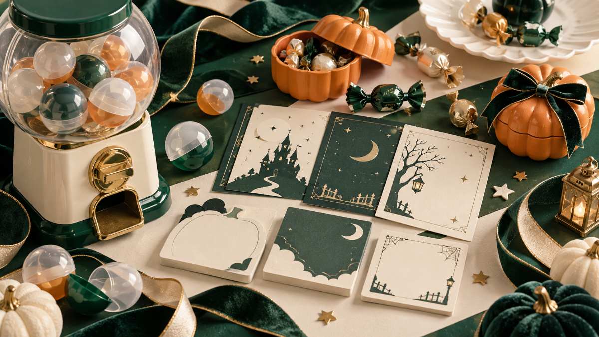Happyくじハロウィン限定周邊扭蛋機與南瓜糖果小物插畫
