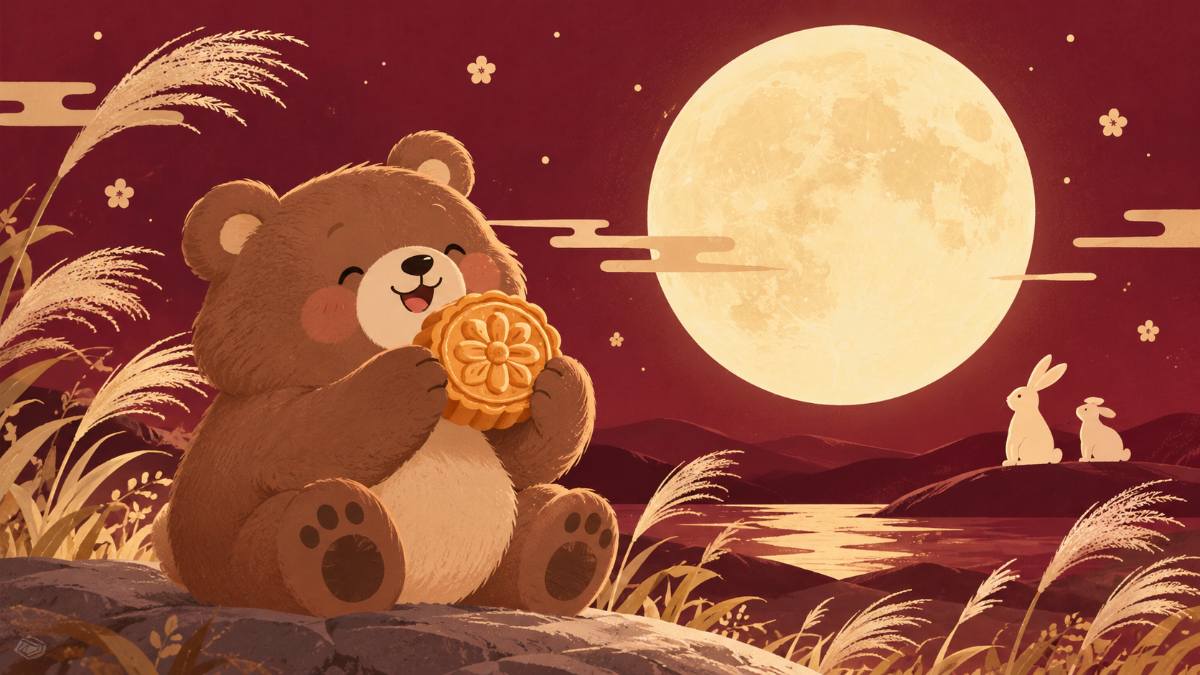 熊貓賞月中秋節插畫，月餅與兔子剪影，佛心紫紅色系