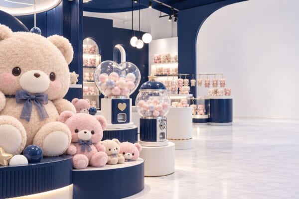 飛天小女警與熊熊遇見你聯名快閃店pastel色系絨毛玩偶與扭蛋機展示
